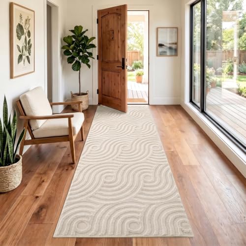Etwel 2x6 Beige Modern Abstract Textured High-Low Pile Washable Runner Rug - color: Swirl-beige, size: 2' x 6'