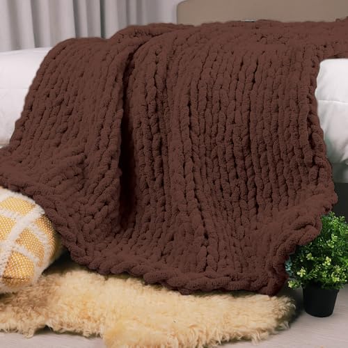 Carriediosa Chunky Knit Throw Blanket 60 x 80, 100% Hand Made, Cocoa Brown - color: Cocoa Brown, size: 60" X 80"