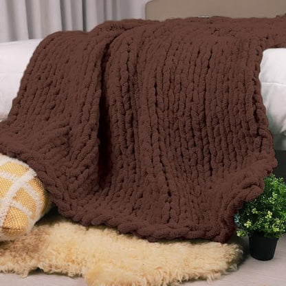 Carriediosa Chunky Knit Throw Blanket 60 x 80, 100% Hand Made, Cocoa Brown - color: Cocoa Brown, size: 60" X 80"