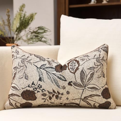 Beige Brown Floral Textured Lumbar Throw Pillow Cover 12x20 Fall Vintage Rust Pillow Cover Farmhouse Summer Leaf Cushion Cover Neutral Flower Pillowcase Home Decor for Sofa Living Room Bed - color: Beige and Brown, size: 20" x 12" (Pack of 1)