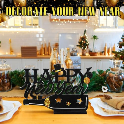 Amyhill 2026 Happy New Year Wood Sign Wooden Black Gold Glitter Tabletop Decorations 2026 Table Centerpiece for New Year Eve Party Supplies Home Decorations - style: Happy New Year