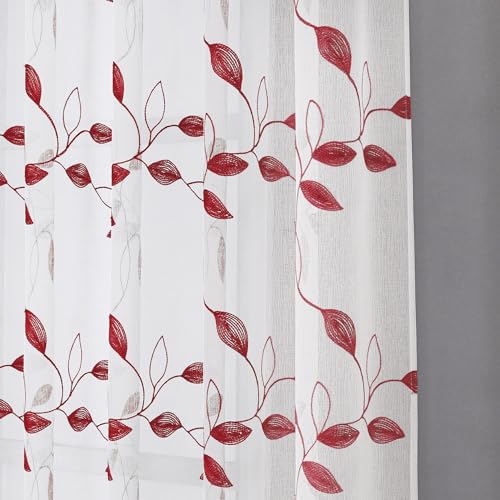 Tollpiz Burgundy Red Leaf Sheer Curtain Bedroom Short 38 x 45 Inches - color: Burgundy Red, size: 38"W x 45"L (Pack of 2)
