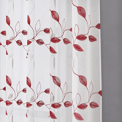 Tollpiz Burgundy Red Leaf Sheer Curtain Bedroom Short 38 x 45 Inches - color: Burgundy Red, size: 38"W x 45"L (Pack of 2)