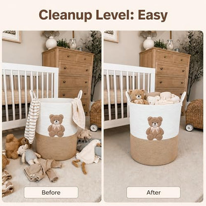 Teddy Bear Baby Laundry Basket, Tall Woven Rope Nursery Hamper, 20x15 in - color: Neutral Teddy