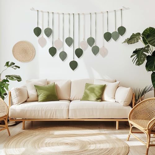 Boho Macrame Leaf Wall Hanging Green Tassel Wall Decor with Wood Beads for Bedroom Living Room Bohemian Home Decor