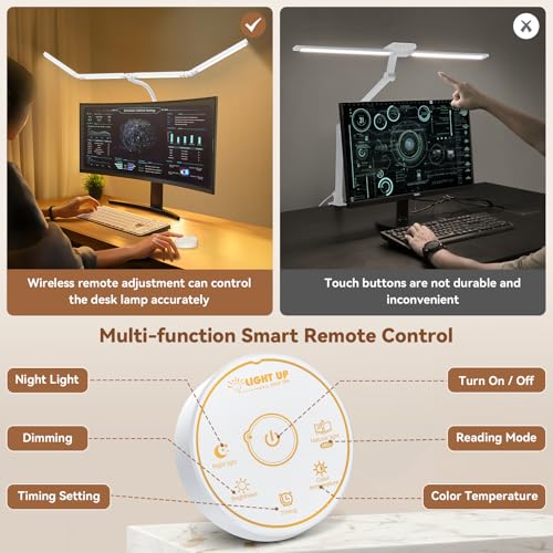 Pzloz Led Desk Lamp with Clamp: Architect Desk Lamp for Home Office, Eye Caring Double Head Computer Monitor Work Desk Light with Remote Control - 24W Flexible Dimmable Desktop Table Lamp White - color: Light White