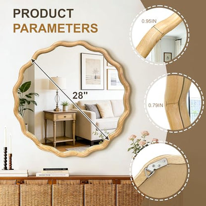 AMOISE Round Wavy Wall Mirror, 28" Circle Boho Scalloped Mirror - size: 28"L x 28"W