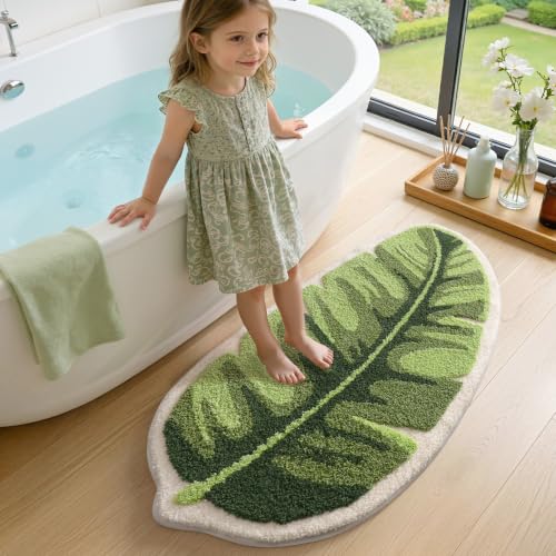 LUMI Cute Bathroom Rug Green Leaf, Absorbent Non Slip Bath Mat, 19.5"x39.5" - color: Ample Palm Leaf