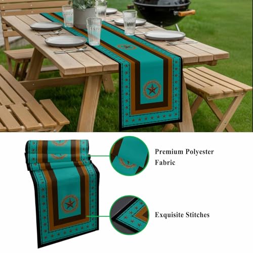 Western Texas Stars Retro Table Runner 36 Inches Long,Rustic Wheat Ears Blue Cotton Linen Table Runners Dresser Scarves,Farmhouse Fabric Tabletop Scarf Furniture Cover for Home Dinner Party 13"x36" - color: Blue Green, size: 13x36 Inches