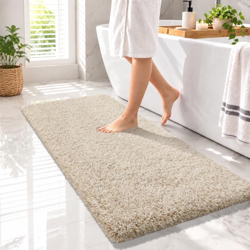 Yimobra Bathroom Runner Rug Non Slip Washable 56x24, Bath Mat, Beige&White - color: Light Beige and White, size: 56" X 24"