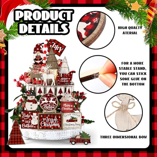 Shellwei 21 Pcs Christmas Tiered Tray Decor Set Wood Rustic Buffalo Plaid Christmas Decoration Winter Farmhouse Decor Xmas Trees Gnome Elk Snowflake Signs for Table Shelf Home Centerpiece (Plaid) - style: Plaid