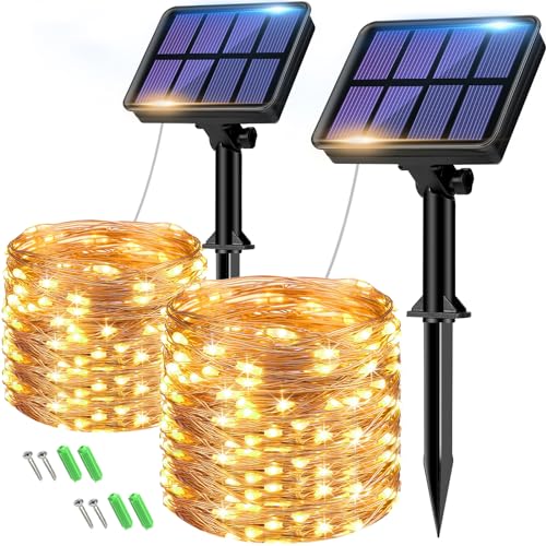 btfarm 2 Pack Solar String Lights Outdoor, Total 66FT 160LED Fairy Lights | Solar Twinkle Light Outside Waterproof, 8 Modes, Copper Wire Solar Powered for Christmas Garden Tree Wedding Party,Warm White - color: Warm White, size: 2 PACK