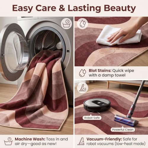6X9 Modern Burgundy Dusty Rose Wavy Striped Washable Area Rug - color: Burgundy, size: 6' x 9' (Rectangular)