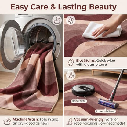 6X9 Modern Burgundy Dusty Rose Wavy Striped Washable Area Rug - color: Burgundy, size: 6' x 9' (Rectangular)