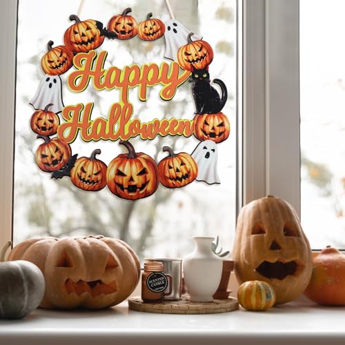 Wood Wreath for Front Door Porch Window Wall Hanging Decor (Halloween) - style: Halloween