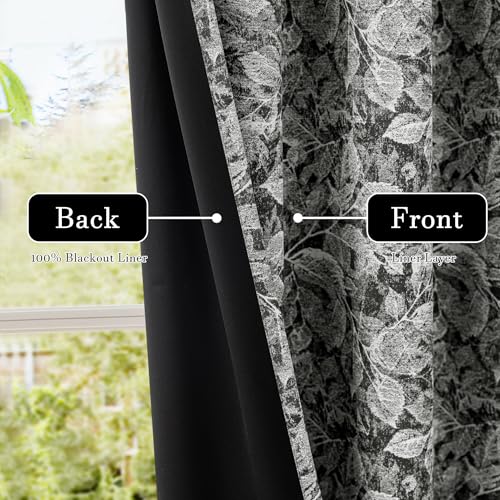 ChrisDowa 100% Black Blackout Floral Curtains 63 Inches Long 2 Panels - color: Leaf | Black, size: 52"W x 63"L (Pack of 2)