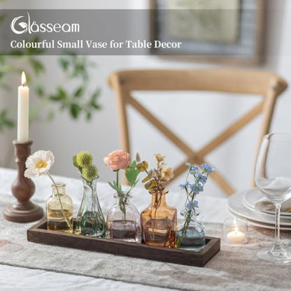 Glasseam Glass Bud Vase for Centerpiece: Small Flower Vases in Wooden Tray - color: Colorful-amber