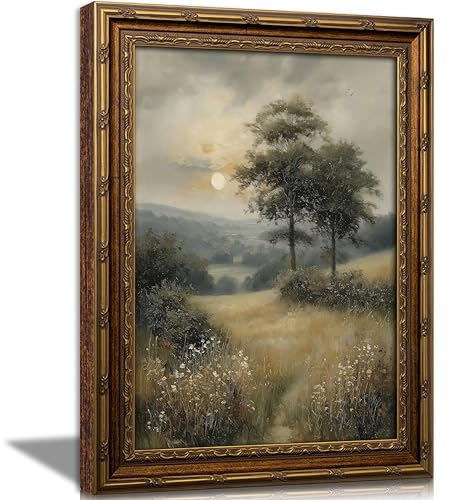 Vintage Gold Framed Sunset Scenery Wall Art Rustic Cottagecore Landscape Wall Decor Muted Country Nature Painting Picture Sunlit Meadow Forest Prints for Bedroom Living Room Home Decor - color: Sunset Mountains, size: 11"L x 9"W