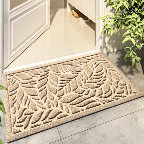 Bulijojo Front Door Mat Entrance,Durable Heavy Duty Welcome Mat,Thick Absorbent Natural Rubber Non Slip Mat,Sturdy Entryway Beige Leaves,23x35 - color: Beige Leaves, size: 1'11" x 2'11" (Rectangular)