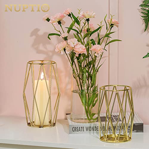 NUPTIO Gold Geometric Hurricane Glass Candle Holders, Set of 2 - color: Gold, size: XS+S