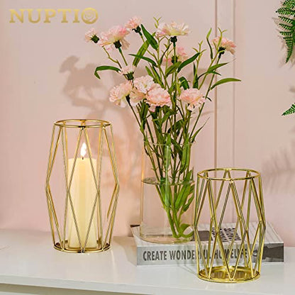 NUPTIO Gold Geometric Hurricane Glass Candle Holders, Set of 2 - color: Gold, size: XS+S