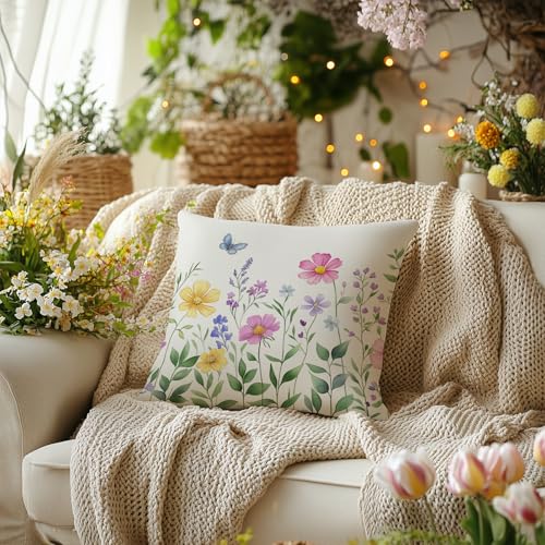 AACORS Spring Pillow Cover 16X16 Set of 2,Flower Butterfly Decorations Farmhouse Seasonal Summer Pillow Case Decor for Sofa Couch AA056-16-2 - size: 16" x 16" (Pack of 2)