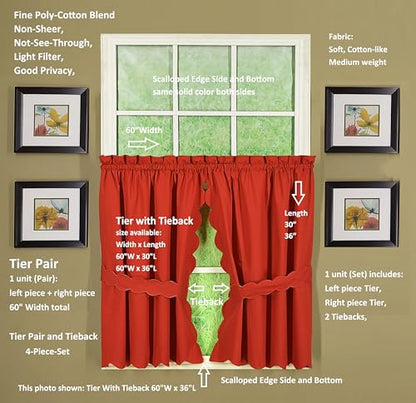Today's Curtain, Orleans Scallop Curtain, Brick Red 30" Tier Pair and Tieback, 60" W x 30" L, Brick Red - color: Brick Red, size: 60"W x 30"L (Pack of 1)