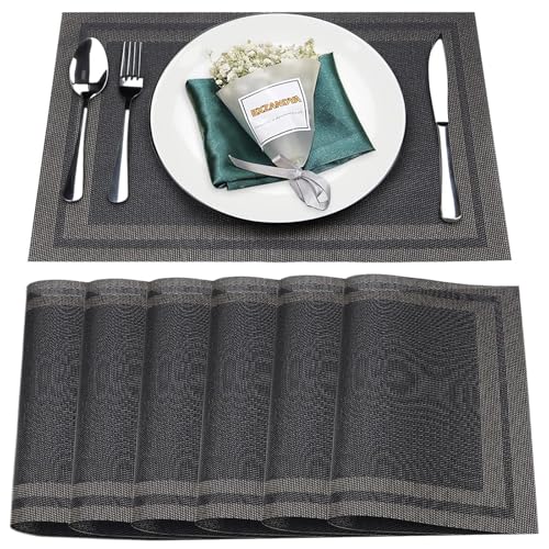 Black Vinyl Placemats Set of 6,Washable Dining PVC Table Mats - color: Black Gold, size: 6PCS 12"Wx18"L