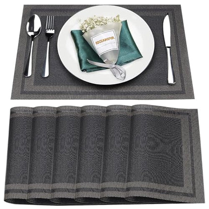 Black Vinyl Placemats Set of 6,Washable Dining PVC Table Mats - color: Black Gold, size: 6PCS 12"Wx18"L