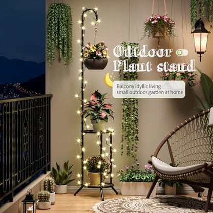 BMOSU Plant Stand with Hooks Indoor Outdoor Corner Tall Plant Stand Heavy-Duty Metal 3-Tier Plant Shelf Holder Rack for Patio Garden Balcony Living Room Bedroom(semicircular Black)