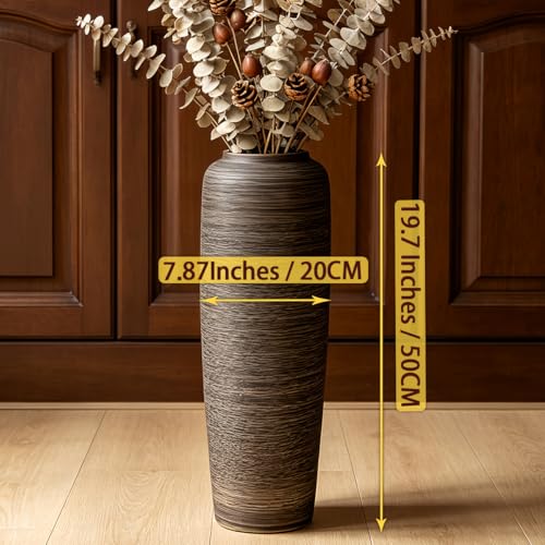 Brown Rustic Ceramic Floor Vase, 19.7 Inch, Ribbed Texture - size: 19.7 Inch