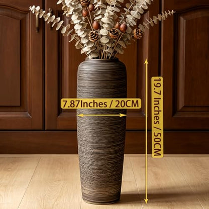Brown Rustic Ceramic Floor Vase, 19.7 Inch, Ribbed Texture - size: 19.7 Inch