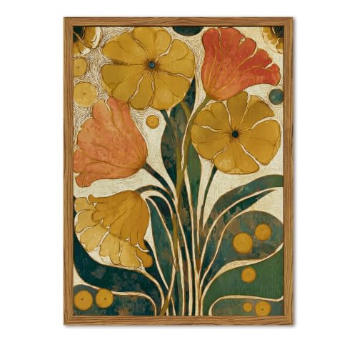 Framed Boho Floral Wall Art, Mid Century Modern Vintage Flower Pictures Wall Decor, Abstract Botanical Paintings Canvas Prints Rustic Home Decor Aesthetic for Living Room Bedroom Bathroom 12x16 inch - color: Mid Century Modern Flower, size: 16"L x 12"W