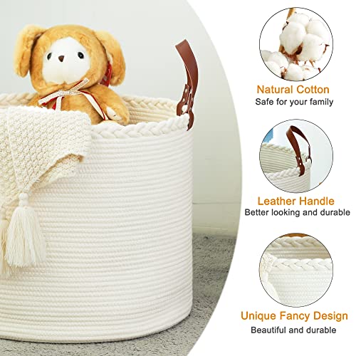 KAKAMAY Large Blanket Basket (18"x16"),Woven Baby Laundry Hamper,Cotton Rope Blanket Basket for Nursery, Laundry, Living Room, Pillows, Baby Toy chest with Leather Handles (White) - color: White