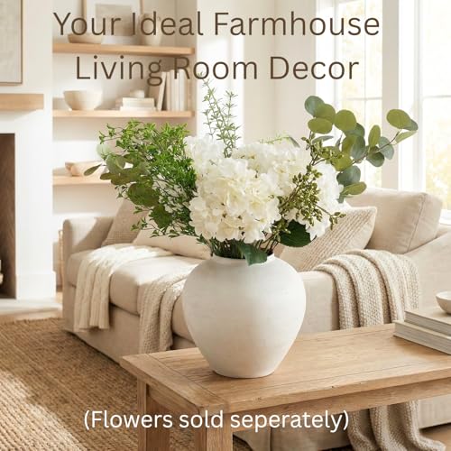 Large White Vase for Centerpieces - 11" Wide Textured Stone Look - color: White Large Brushed