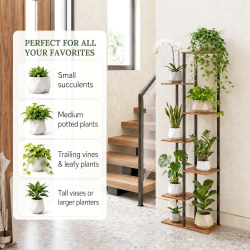 Corner Tall Plant Stand Indoor 7 Tier 8 Potted, Rustic Brown