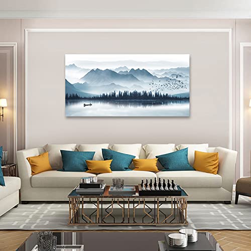 arteWOODS Indigo Mountain Canvas Wall Art Foggy Lake Boat Pictures, 29"x58" - color: Indigo Mountain Lake, size: 58"L x 29"W