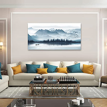 Misty Mountain Canvas Wall Art Indigo Foggy Lake Boat Prints, 20"x40" - color: Indigo Mountain Lake, size: 40"L x 20"W