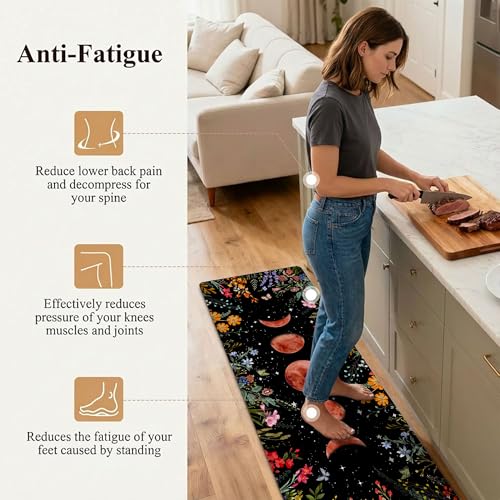 Kitchen Rug Mats for Floor Cushioned Anti Fatigue Black Kitchen Rugs Sets of 2 Moon Garden Floral Non Slip Waterproof Comfort Memory Foam Standing Floor Mat for Office Laundry Sink Desk - color: Garden Moon, size: 46"Lx17"W+29"Lx17"W-0.3"H