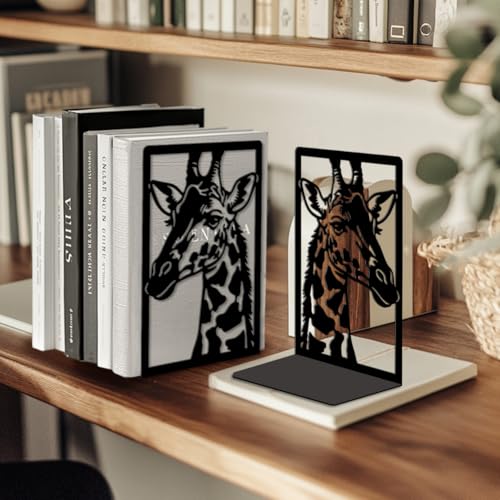 Peacoblue 5.3"x4.3"x7.9" Metal Bookends, Heavy Duty Book Ends for Shelves - style: Giraffe