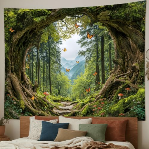 AMM Green Nature Forest Tapestry 90x68 Inch | Tree Mountain Extra Large Tapestry Wall Hanging, Jungle Butterfly Mushroom Landscape Wall Mural, for Bedroom Dorm Living Room - color: Green Treehole, size: 90"L x 68"W