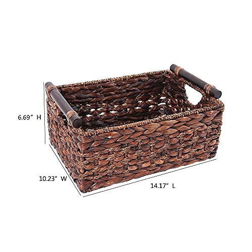 Water Hyacinth Wicker Storage Basket with Wood Handles, Large - color: Dark Brown, size: 14.17x 10.23x 6.69