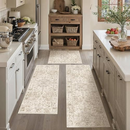 Washable Neutral Beige Kitchen Runner Rug Set of 3 - color: Neutral | Beige, size: 20"x32"+20"x48"+20"x59"