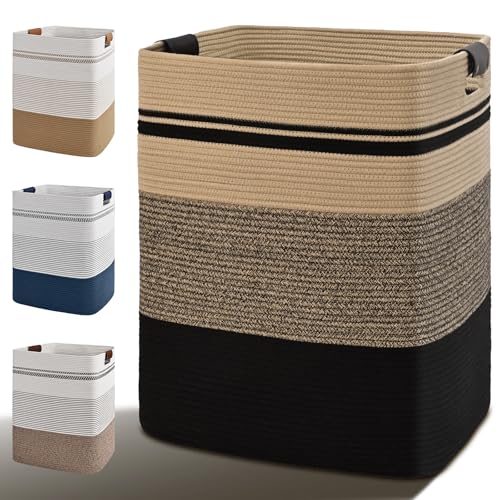 Laundry Hamper, 75L Tall Laundry Basket with Leather Handles, Rectangle Large Clothes Hamper for Organizing, Cotton Woven Laundry Baskets Storage Hampers for Bedroom, Nursery, Living Room - color: Jute& Black, size: 75L
