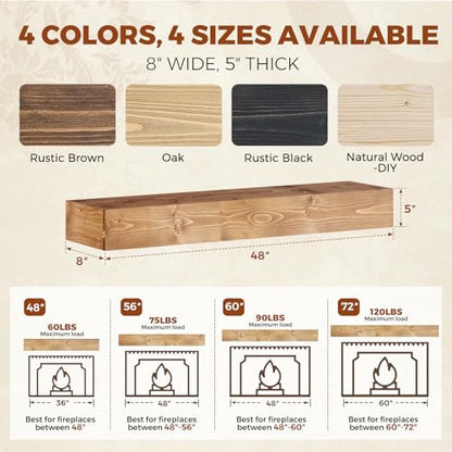48x8x5in Pine Wood Fireplace Mantel Shelf, Natural Wood - color: Natural Wood, size: 48x5x8-hollow