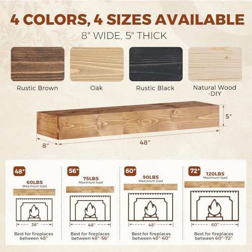48x8x5in Pine Wood Fireplace Mantel Shelf, Natural Wood - color: Natural Wood, size: 48x5x8-hollow