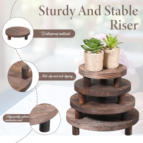 4 Pcs Round Wooden Risers for Display, Wood Pedestal Stand Mini Tiered Tray Stand Rustic Wooden Riser Holder for Home Decor Kitchen Counter, 4 Size(Brown)