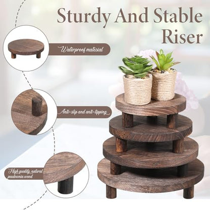 4 Pcs Round Wooden Risers for Display, Wood Pedestal Stand Mini Tiered Tray Stand Rustic Wooden Riser Holder for Home Decor Kitchen Counter, 4 Size(Brown)