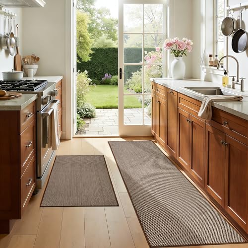 AIMPEAK Kitchen Rugs Non Slip Washable Set of 2 PCS, Cushioned Rugs for Kitchen Floor, Absorbent Runner Rug Comfort Mats with Rubber Backing for Kitchen, Hallway, Office, Home Brown, 24"x36"+24"x60" - color: Brown, size: 24"x36"-24"x60"