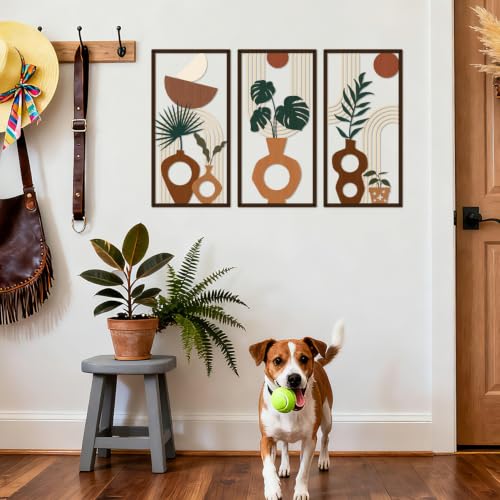3 Pcs Boho Metal Wall Art, Mid Century Abstract Plant Vase Wall Decor - color: Earthy Tone